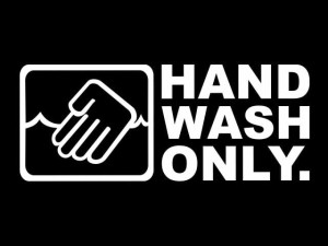 Naklejka "Hand wash only" 15 cm (biała)