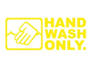 Naklejka "Hand wash only" 15 cm (żółta)